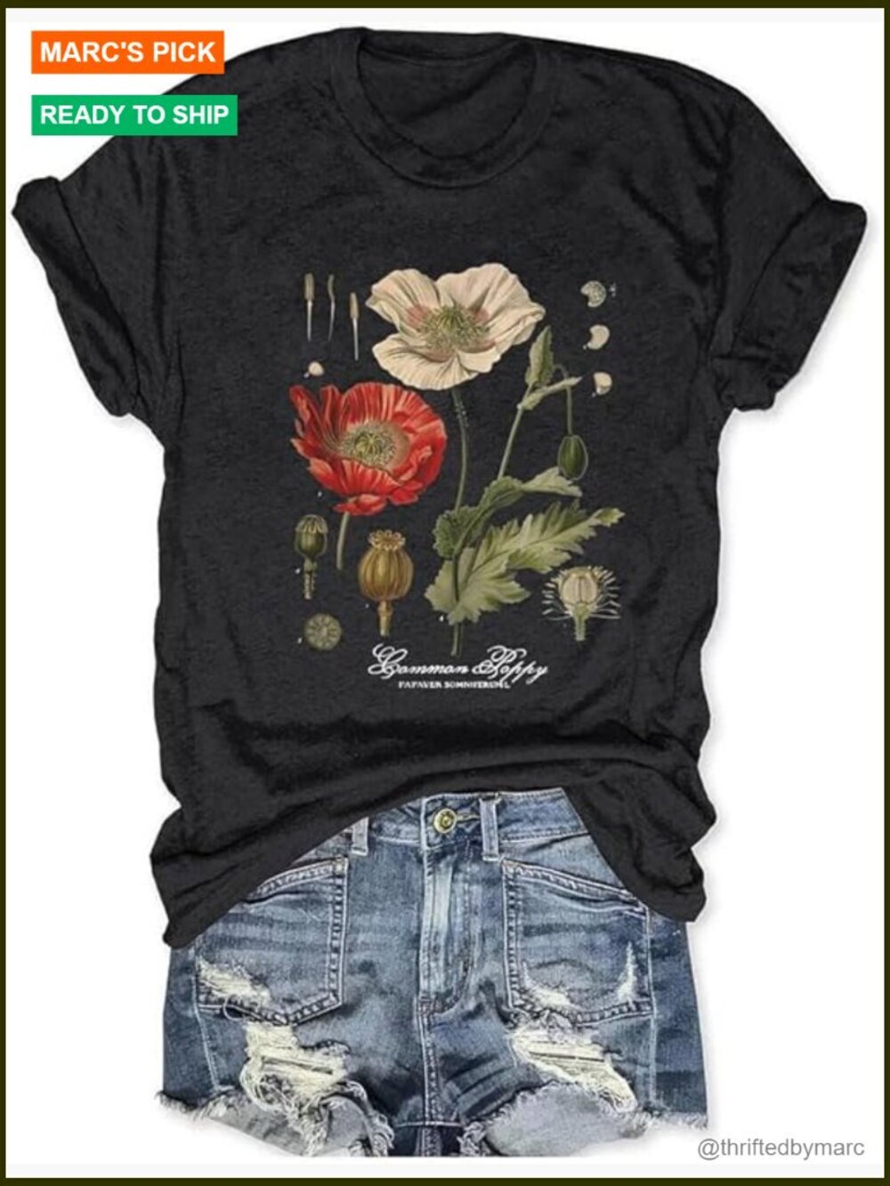 Vintage Poppy T-Shirt Women's Short Sleeve Crew Neck Casual Summer Tee